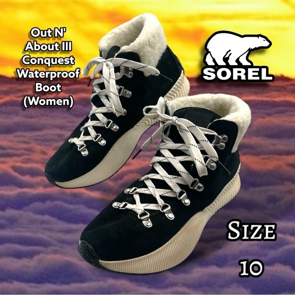 SOREL Out N'About III Conquest Waterproof Boot (Women) Black Sea Salt Size 10 - Picture 1 of 15